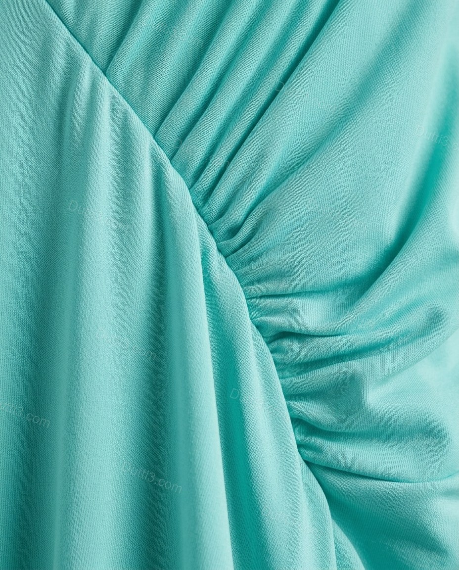 Aqua Halter Ruffled Knit Dress, close-up of ruching, ruffles and back zipper, by Dutti3