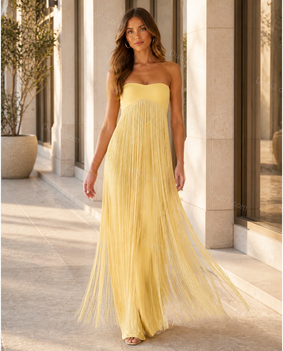 Yellow Maxi Fringe Knit Dress, movement and fit lifestyle view, by Dutti3