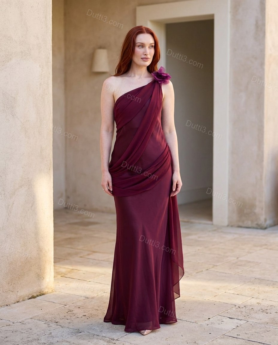 Burgundy Maxi Open-Back One-Shoulder Dress, alternate use-case lifestyle view, by Dutti3