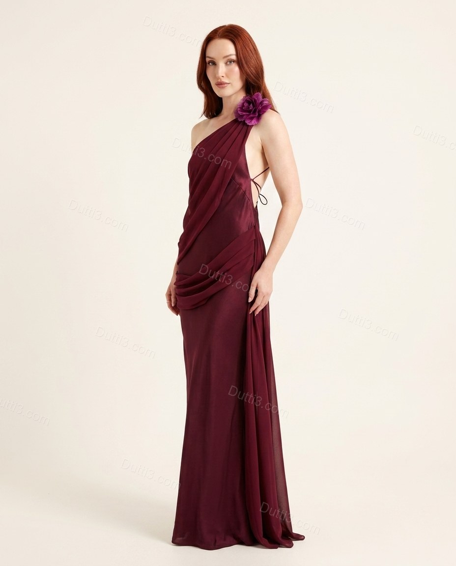 Burgundy Maxi Open-Back One-Shoulder Dress, side and back studio view, by Dutti3