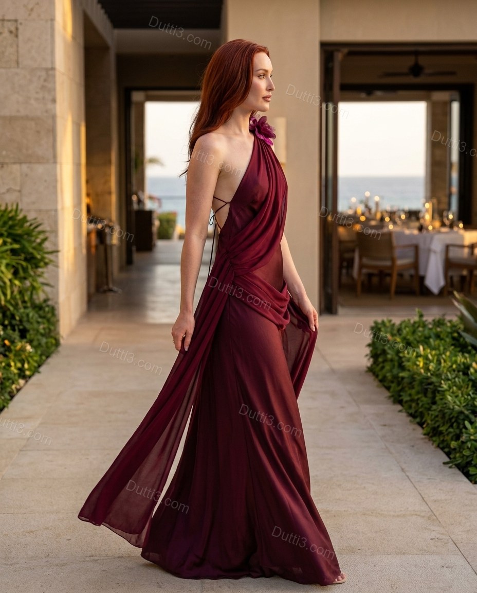 Burgundy Maxi Open-Back One-Shoulder Dress, walking lifestyle view, by Dutti3
