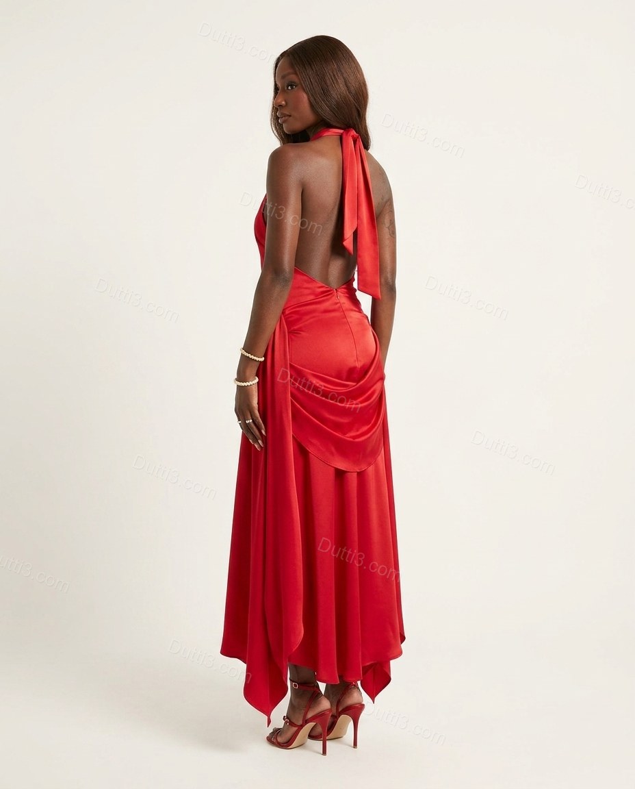 Red Maxi Open-Back Halter Dress, back studio view showing open back with draped fabric, by Dutti3