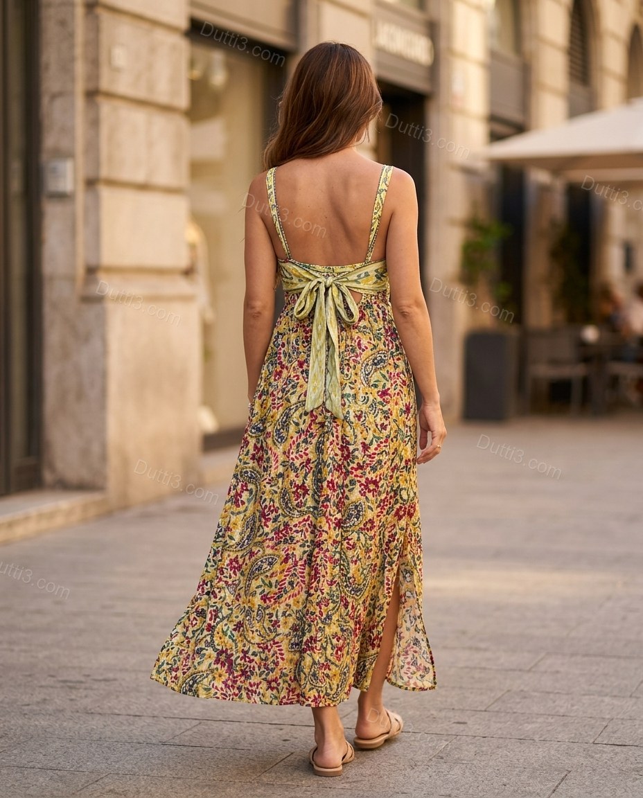 Yellow Floral Maxi Dress, movement and fit lifestyle view, by Dutti3