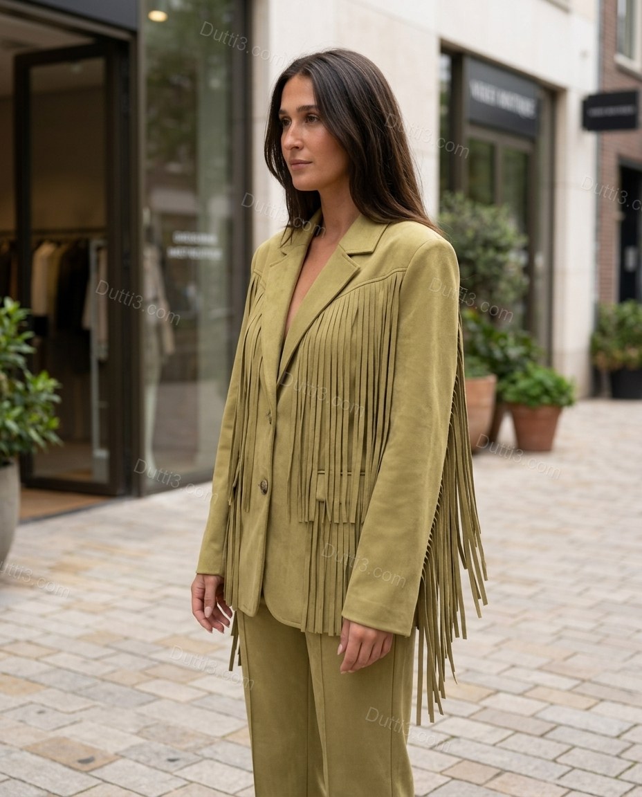 Olive Green Fringe Two-Piece Set, three-quarter brand lifestyle view, by Dutti3