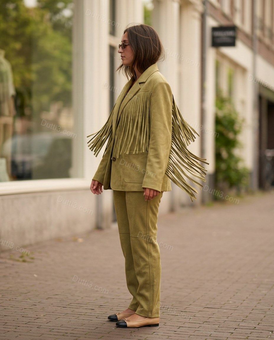 Olive Green Fringe Two-Piece Set, walking lifestyle view, by Dutti3