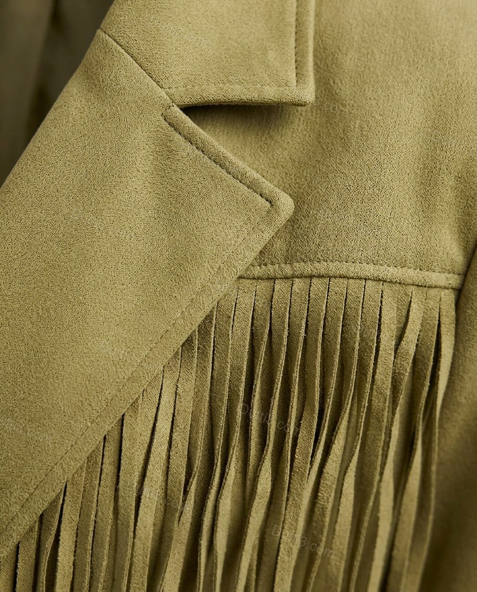 Olive Green Fringe Two-Piece Set, close-up of fringe trim, button closure and notched lapels, by Dutti3