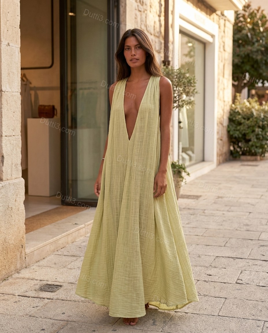Light Green Maxi Dress, three-quarter brand lifestyle view, by Dutti3