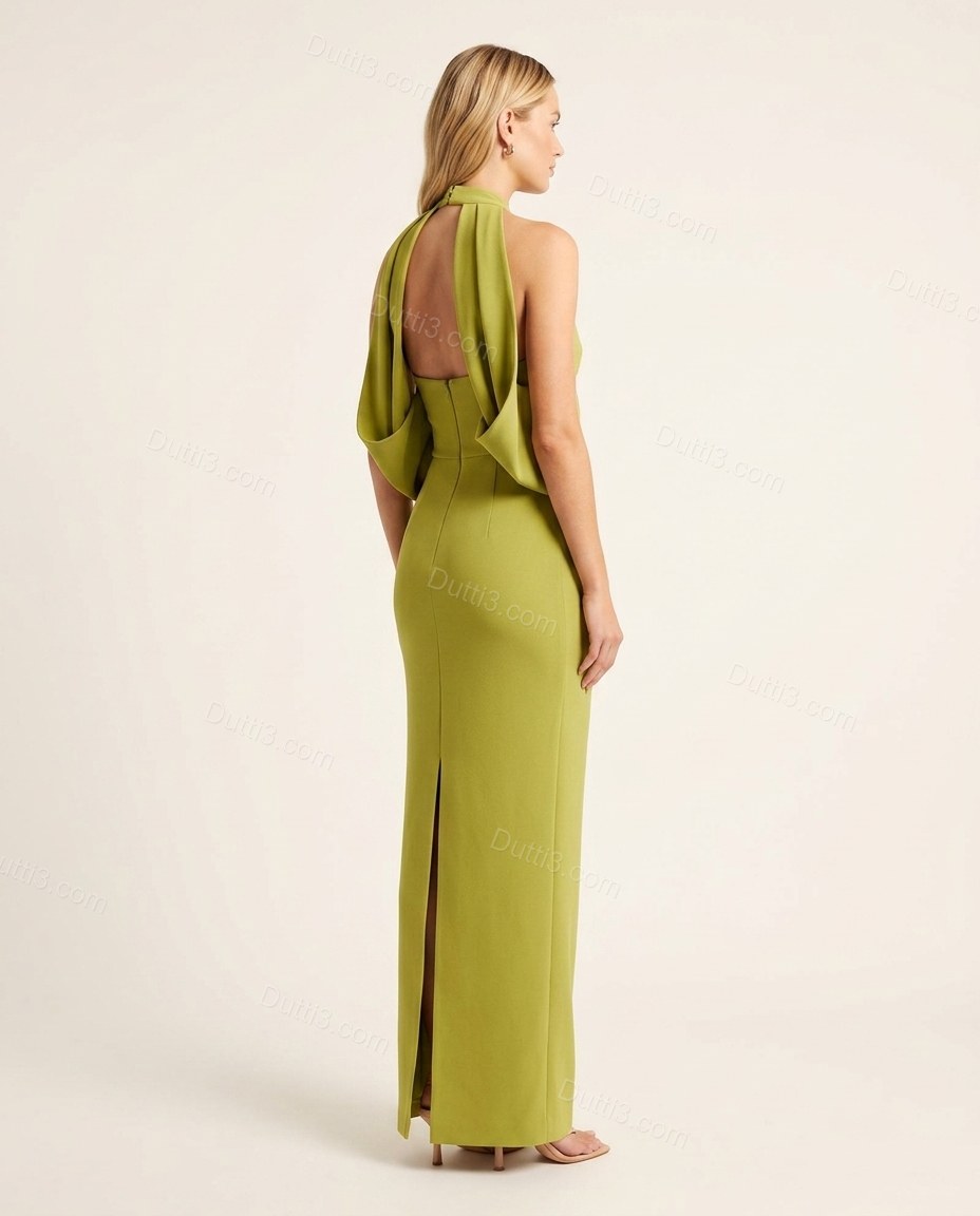 Lime Green Maxi Open-Back Halter Dress, back studio view showing open back with draped fabric, by Dutti3
