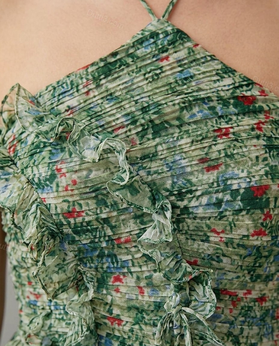 Green Floral Maxi One-Shoulder Dress, close-up of floral, by Dutti3