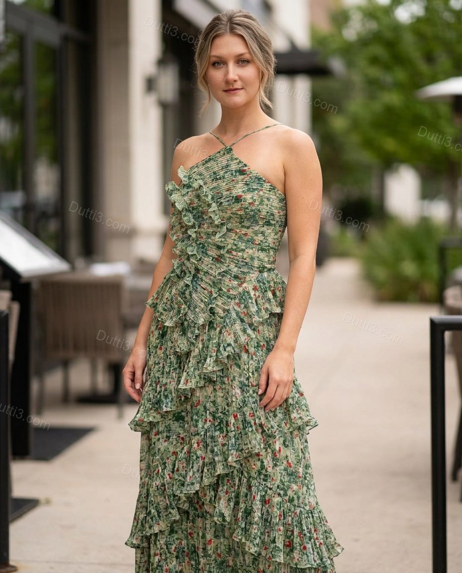 Green Floral Maxi One-Shoulder Dress, three-quarter brand lifestyle view, by Dutti3