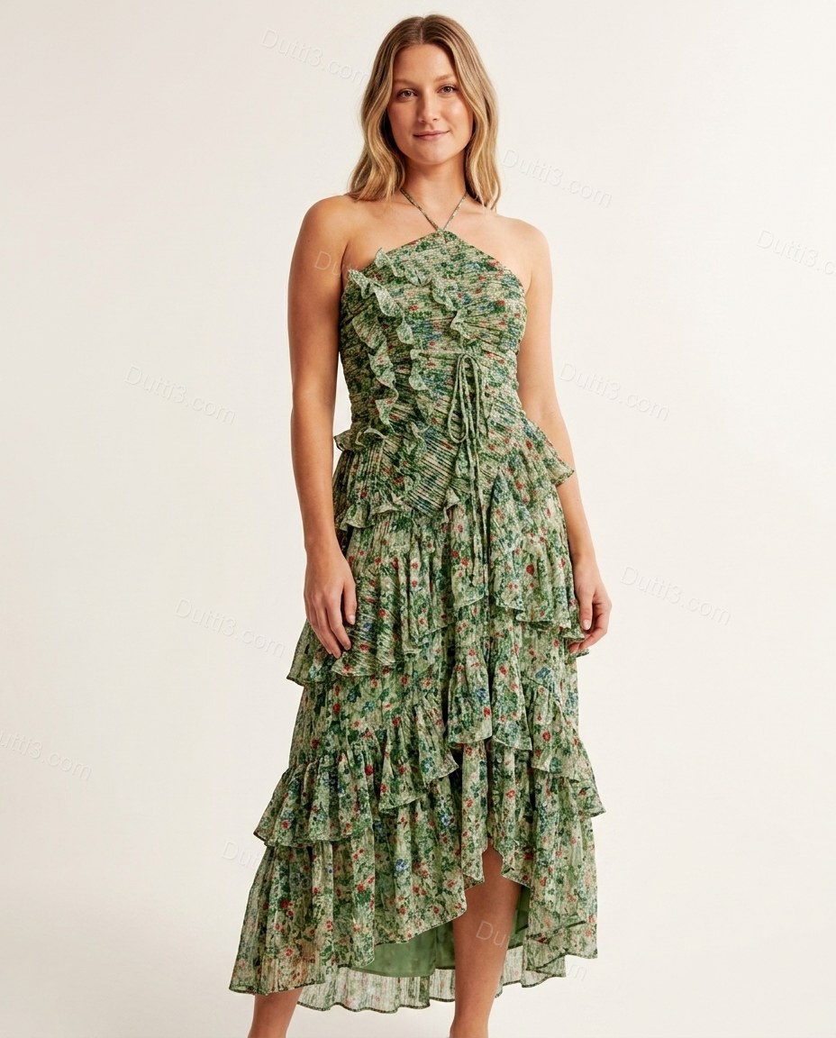 Green Floral Maxi One-Shoulder Dress, full-length hero view, by Dutti3