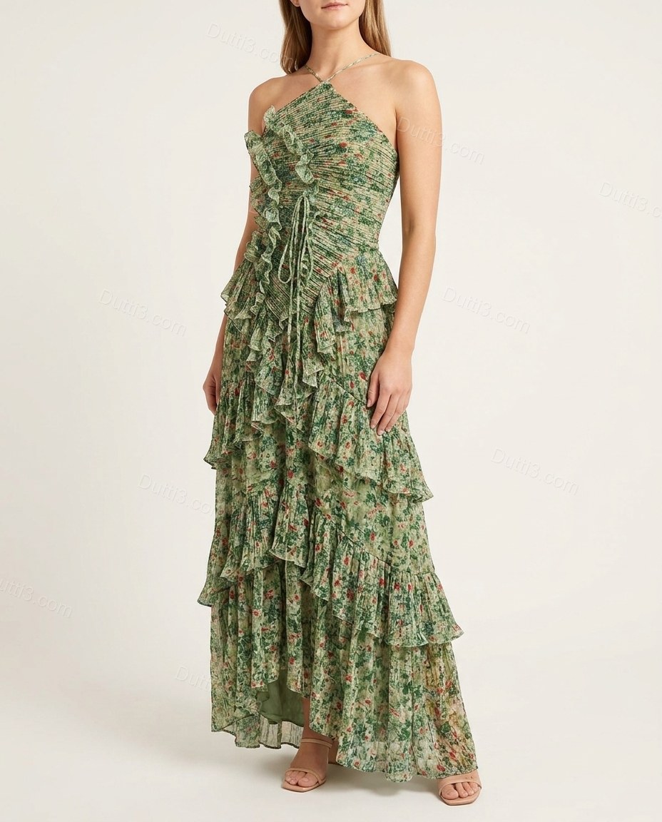 Green Floral Maxi One-Shoulder Dress, front studio view, by Dutti3