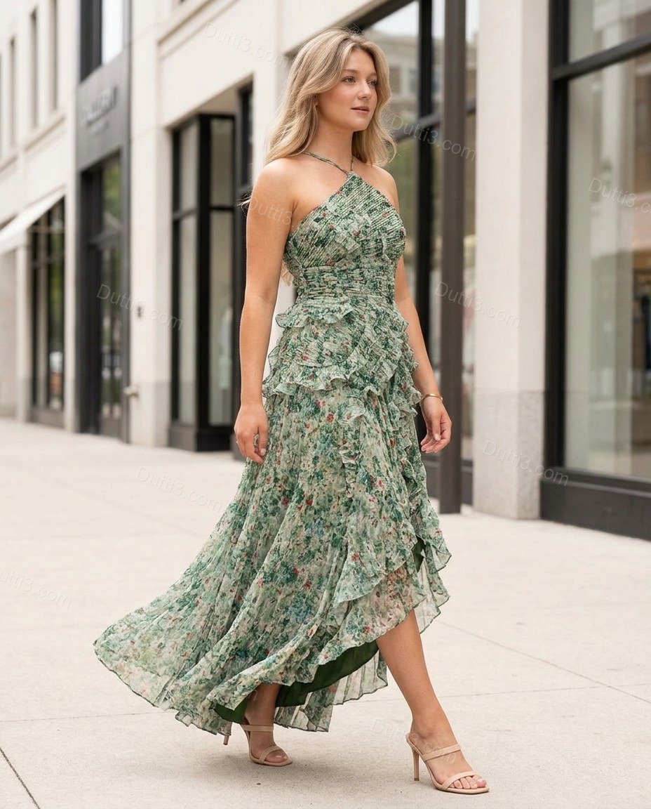Green Floral Maxi One-Shoulder Dress, walking lifestyle view, by Dutti3