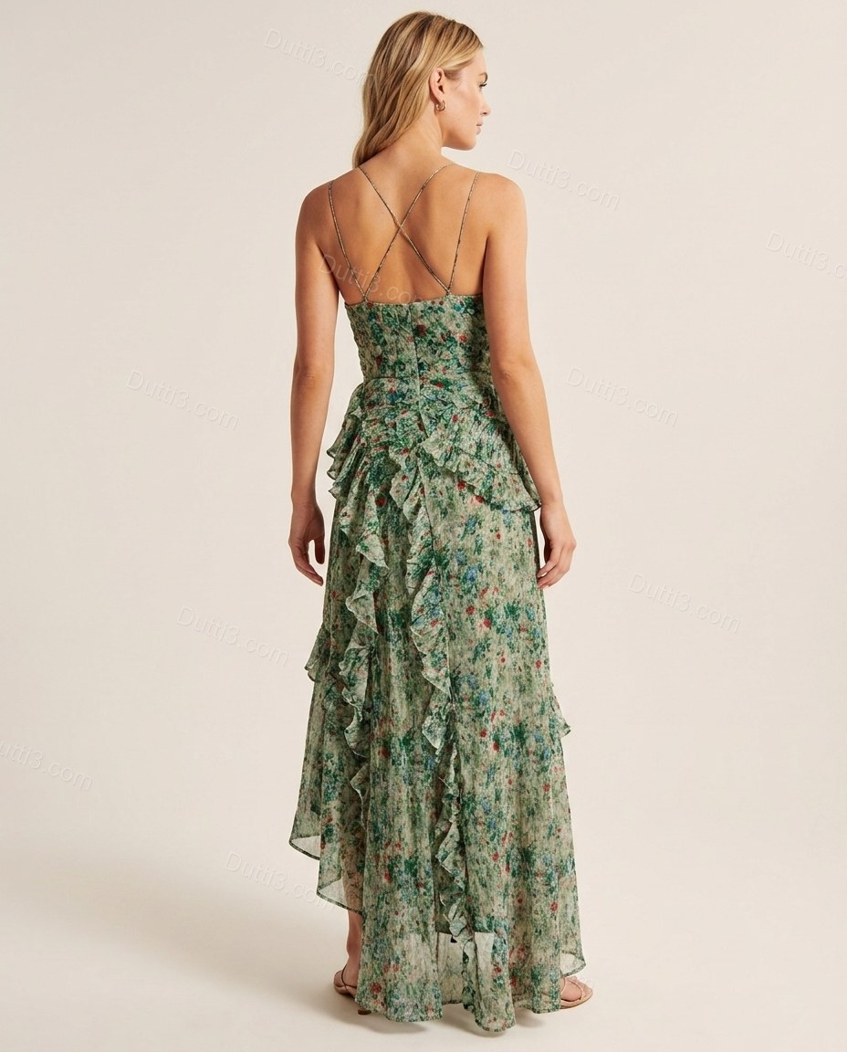 Green Floral Maxi One-Shoulder Dress, back studio view, by Dutti3