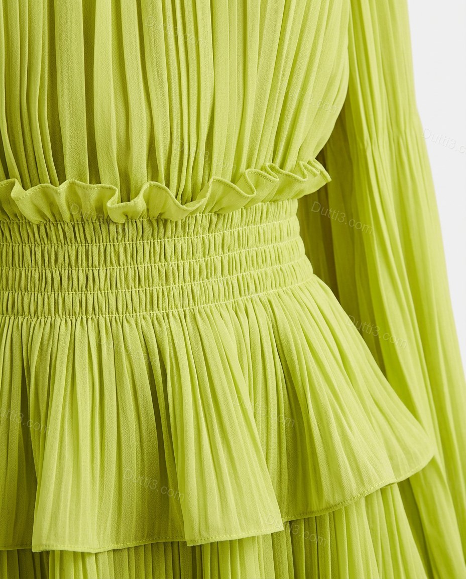 Lime Green Mini Off-Shoulder Ruffled Dress, close-up of shirred neckline, elasticated waist and tiered skirt, by Dutti3