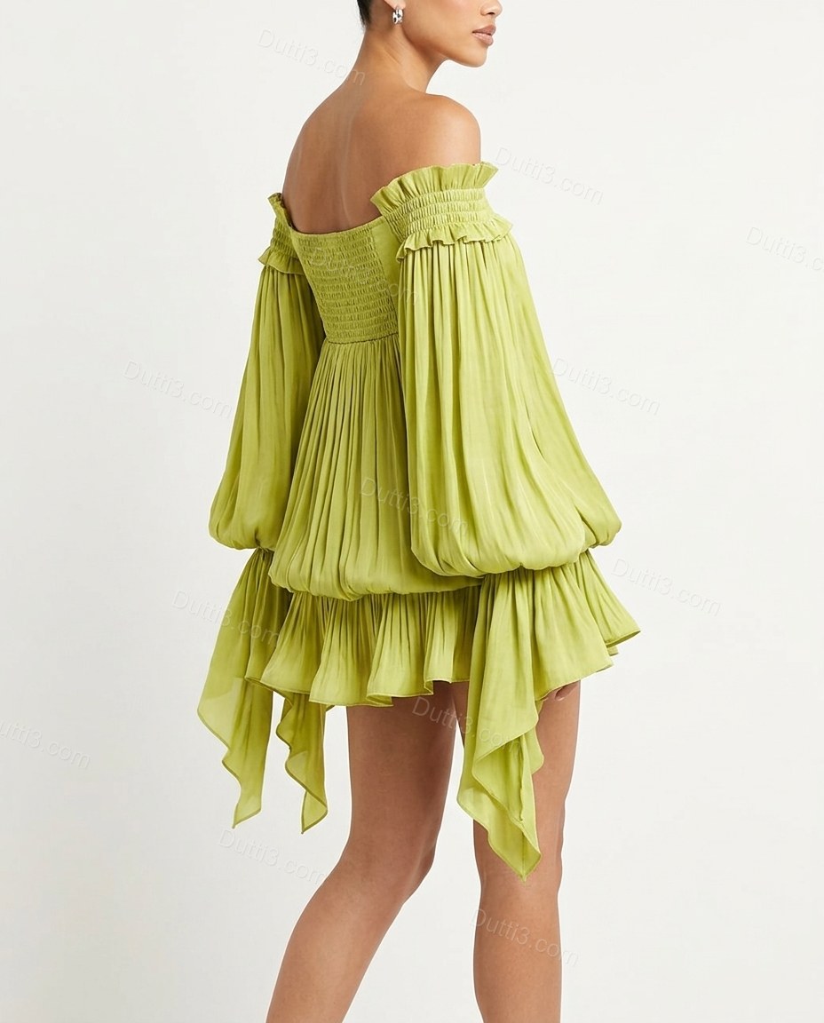 Lime Green Mini Off-Shoulder Ruffled Dress, back studio view, by Dutti3