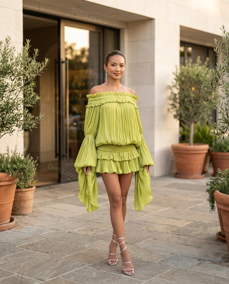 Lime Green Mini Off-Shoulder Ruffled Dress, three-quarter brand lifestyle view, by Dutti3