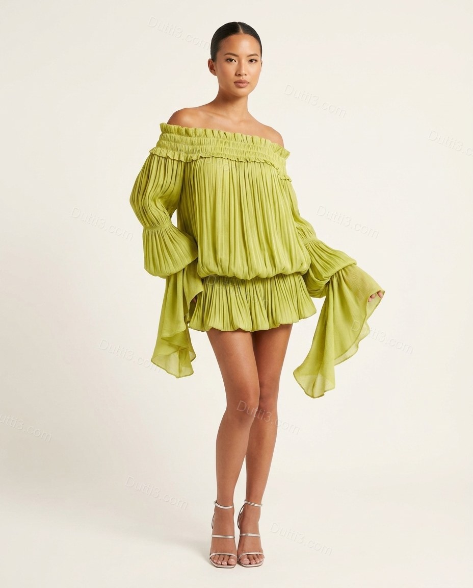 Lime Green Mini Off-Shoulder Ruffled Dress, front studio view, by Dutti3
