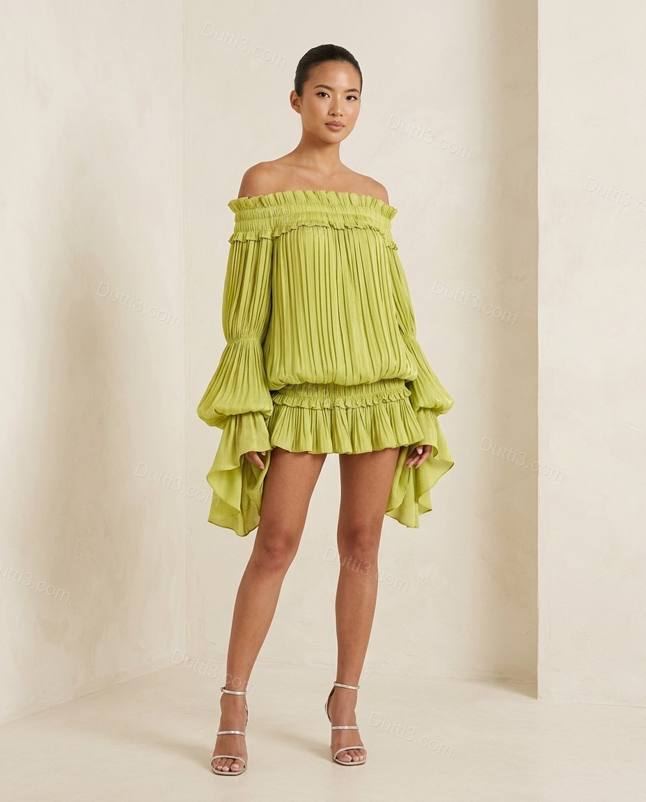 Lime Green Mini Off-Shoulder Ruffled Dress, full-length hero view, by Dutti3