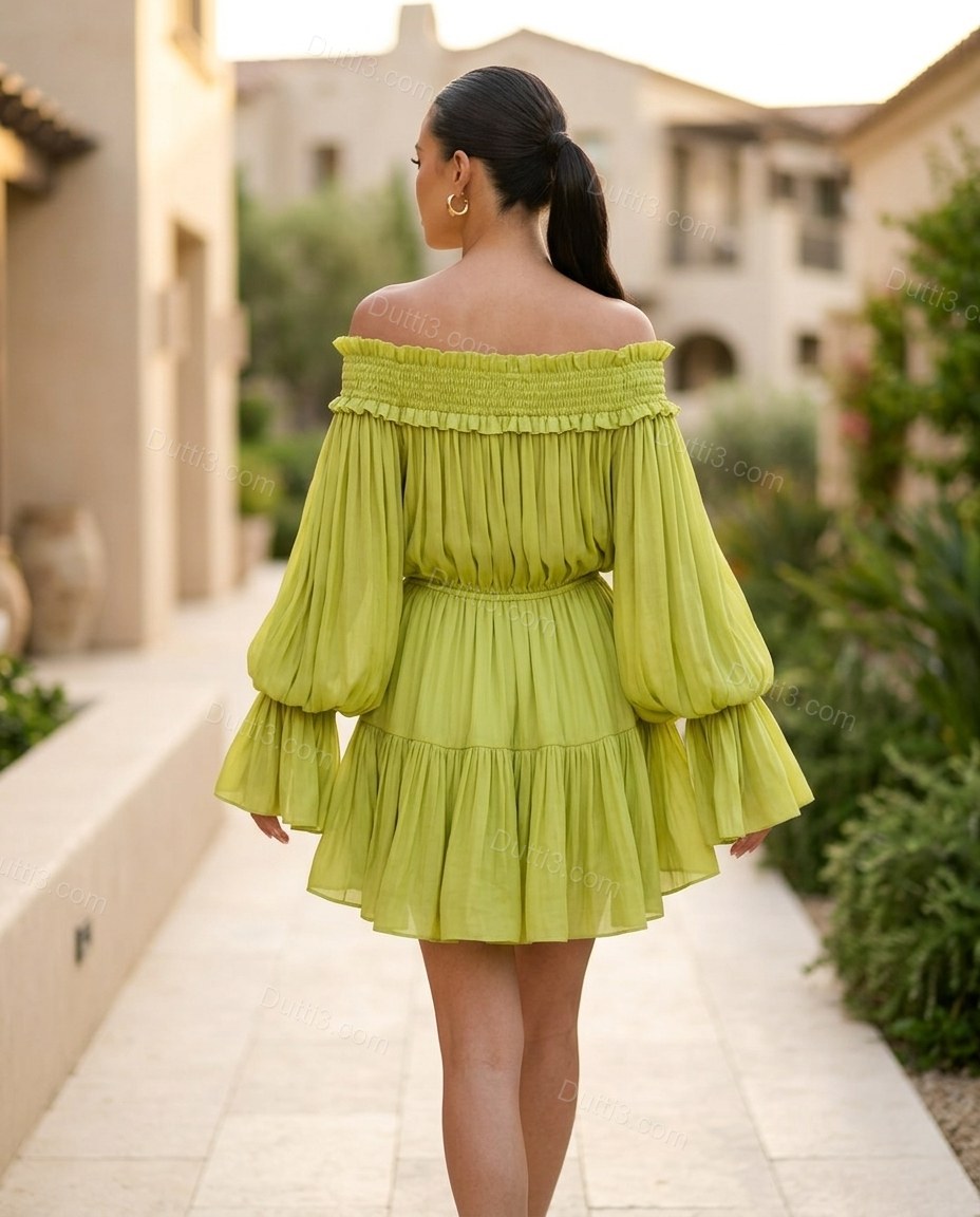 Lime Green Mini Off-Shoulder Ruffled Dress, movement and fit lifestyle view, by Dutti3