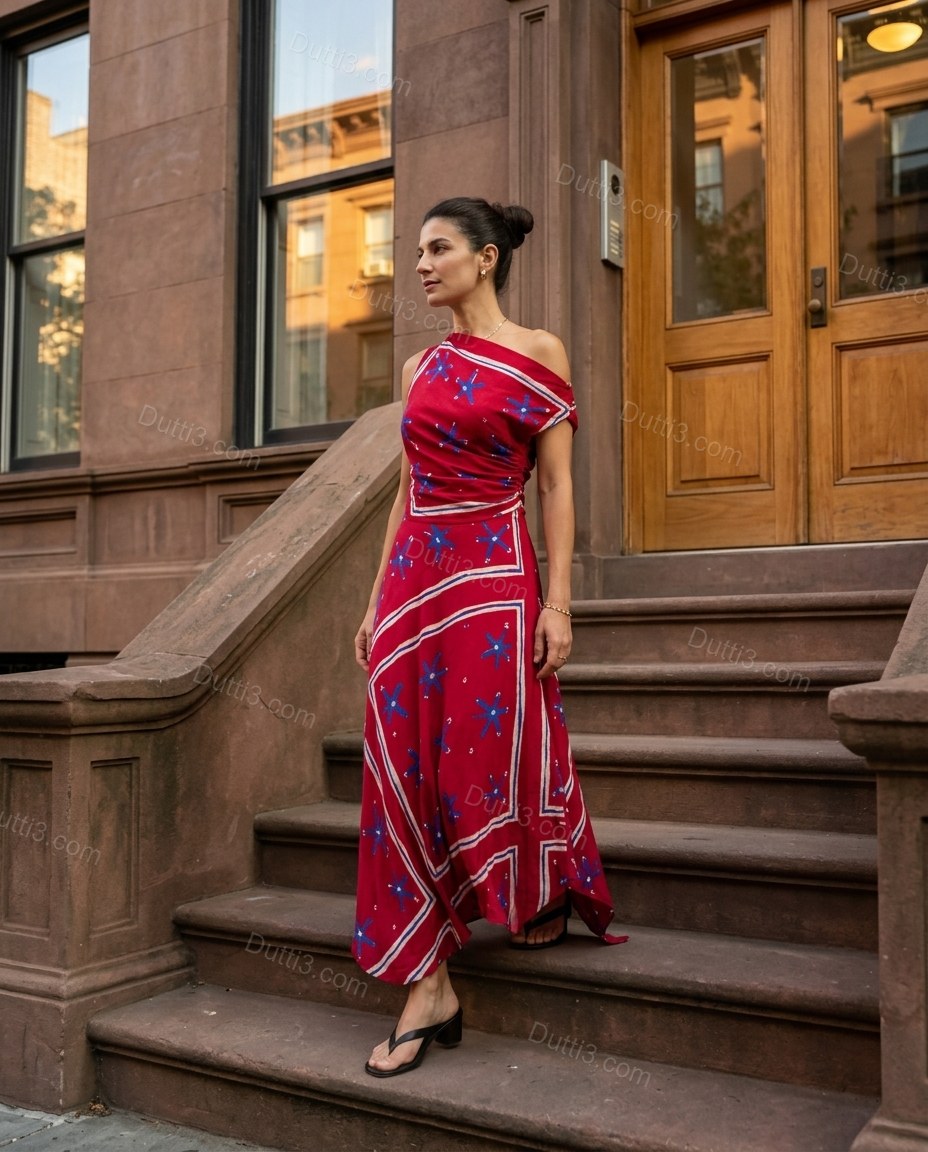 Red Abstract Maxi One-Shoulder Dress, three-quarter brand lifestyle view, by Dutti3