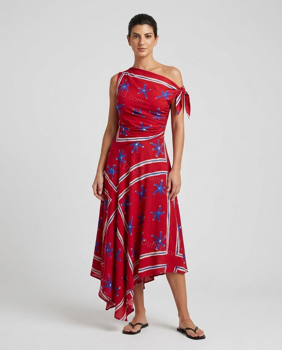 Red Abstract Maxi One-Shoulder Dress, front studio view, by Dutti3