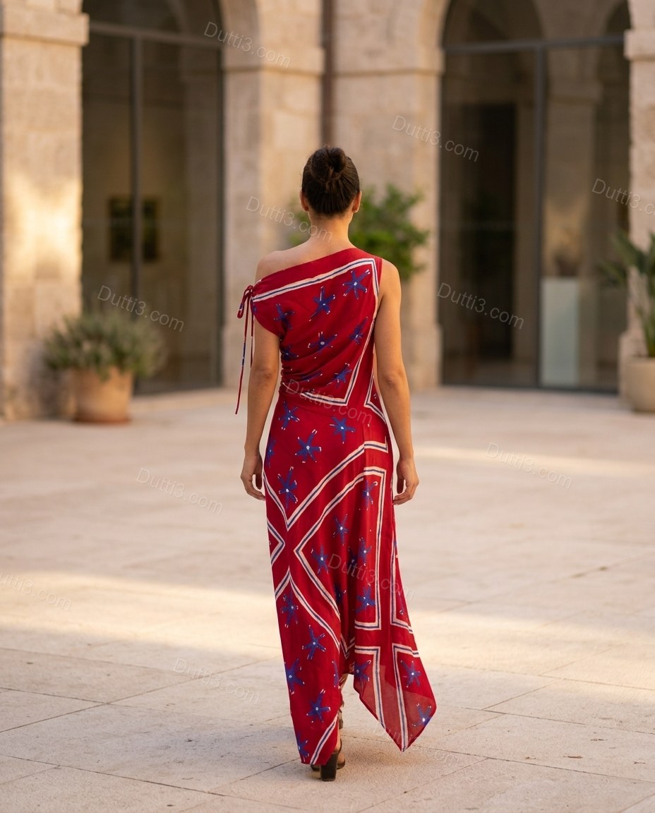 Red Abstract Maxi One-Shoulder Dress, alternate use-case lifestyle view, by Dutti3
