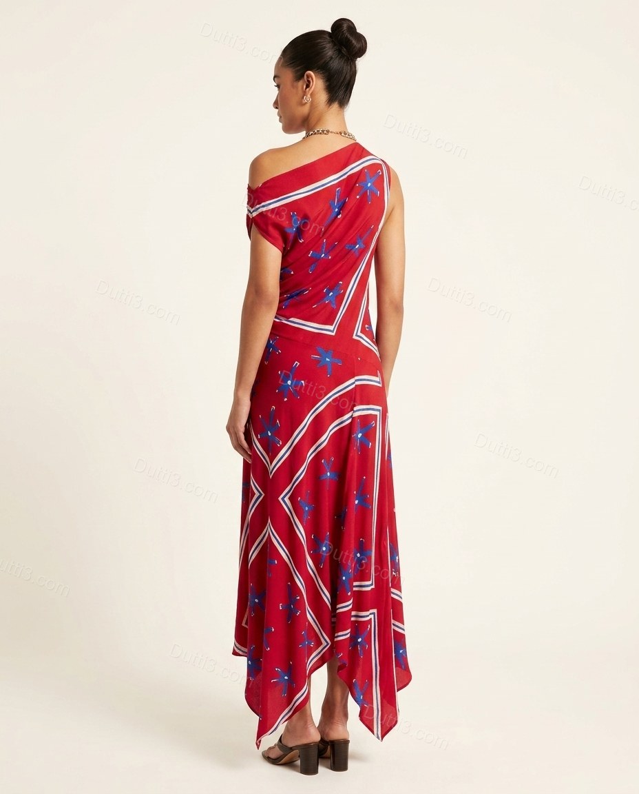 Red Abstract Maxi One-Shoulder Dress, back studio view showing straight back with no visible details, by Dutti3