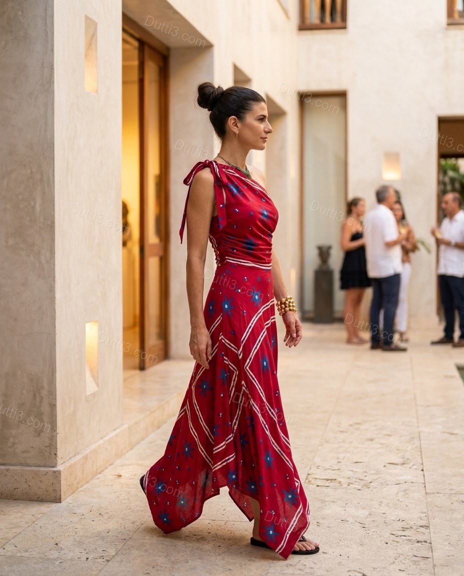 Red Abstract Maxi One-Shoulder Dress, movement and fit lifestyle view, by Dutti3