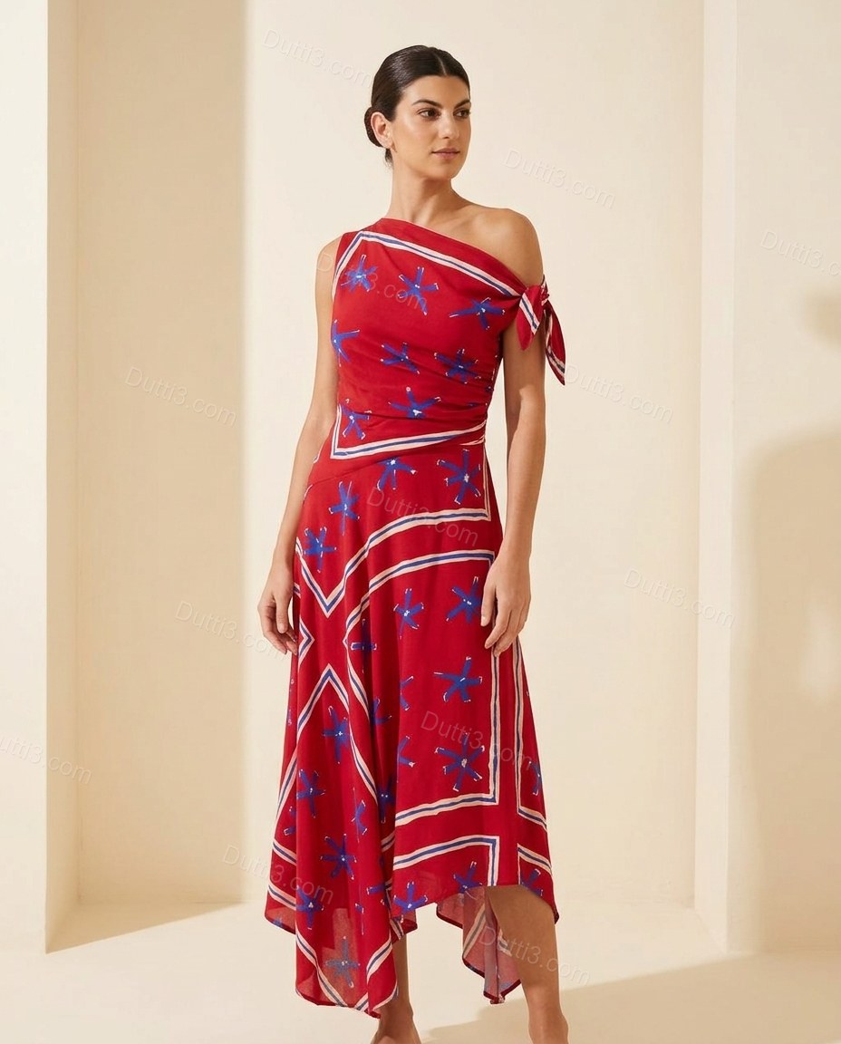 Red Abstract Maxi One-Shoulder Dress, full-length hero view, by Dutti3