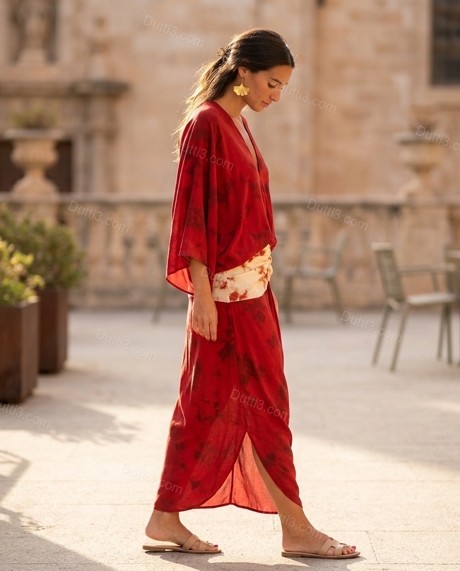 Red Tie-Dye Maxi Dress, movement and fit lifestyle view, by Dutti3