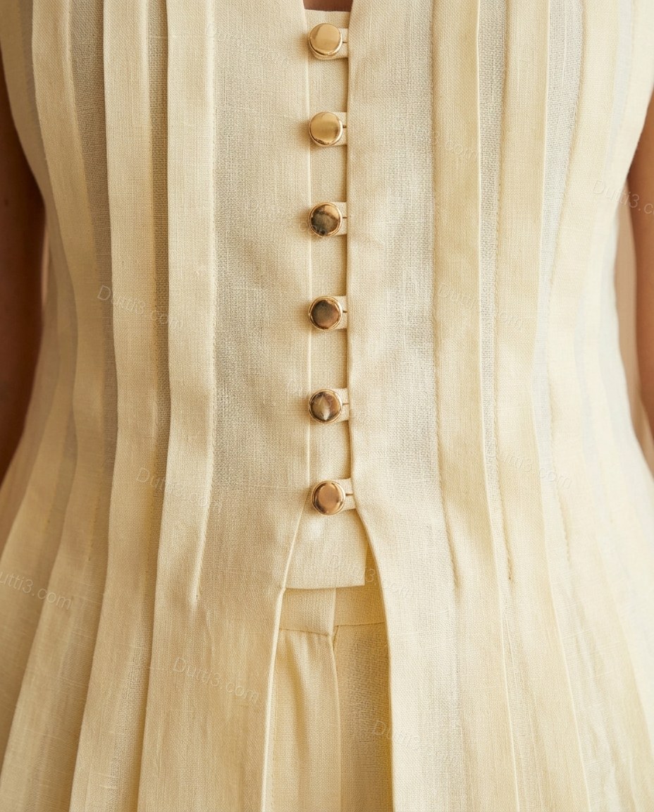 Light Yellow Pleated Peplum Linen Pants Set, close-up of gold accents, band collar and v-neck, by Dutti3