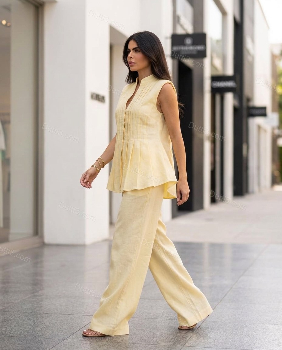Light Yellow Pleated Peplum Linen Pants Set, walking lifestyle view, by Dutti3