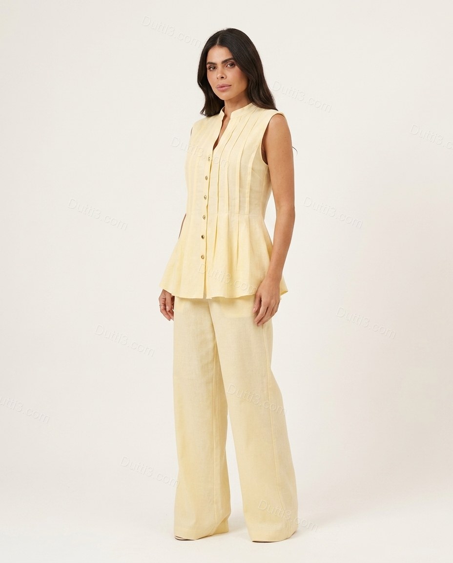 Light Yellow Pleated Peplum Linen Pants Set, side and back studio view, by Dutti3