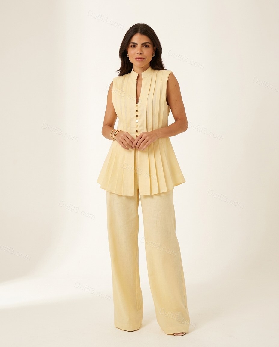 Light Yellow Pleated Peplum Linen Pants Set, front studio view, by Dutti3