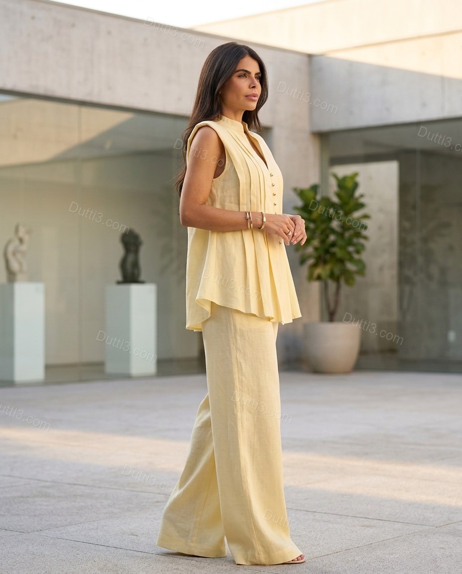 Light Yellow Pleated Peplum Linen Pants Set, alternate use-case lifestyle view, by Dutti3