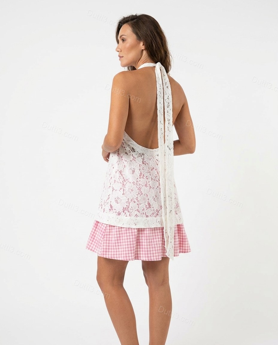 White Floral Open-Back Halter Dress, back studio view showing low open back with halter tie strap, scalloped lace edges, by Dutti3