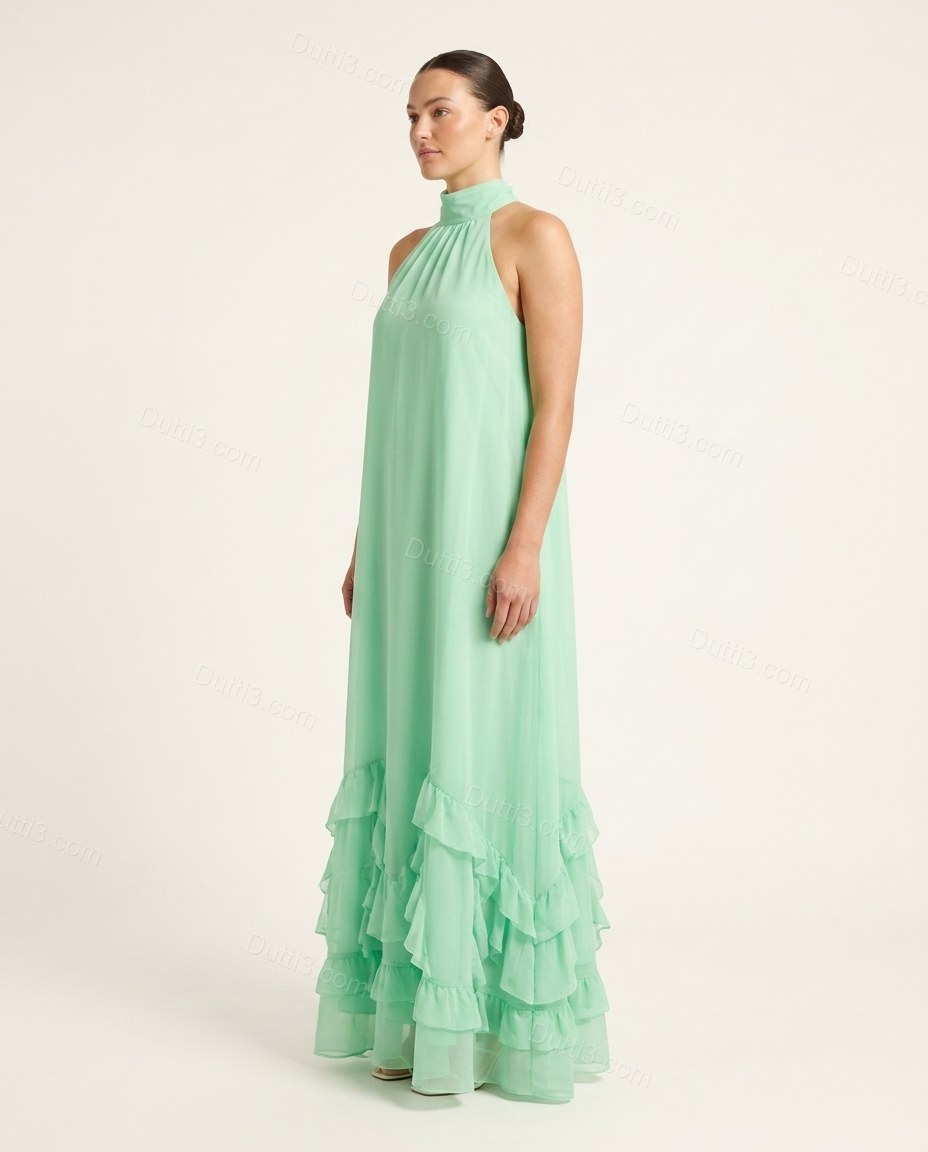 Mint Green Maxi Halter Ruffled Dress, side and back studio view, by Dutti3