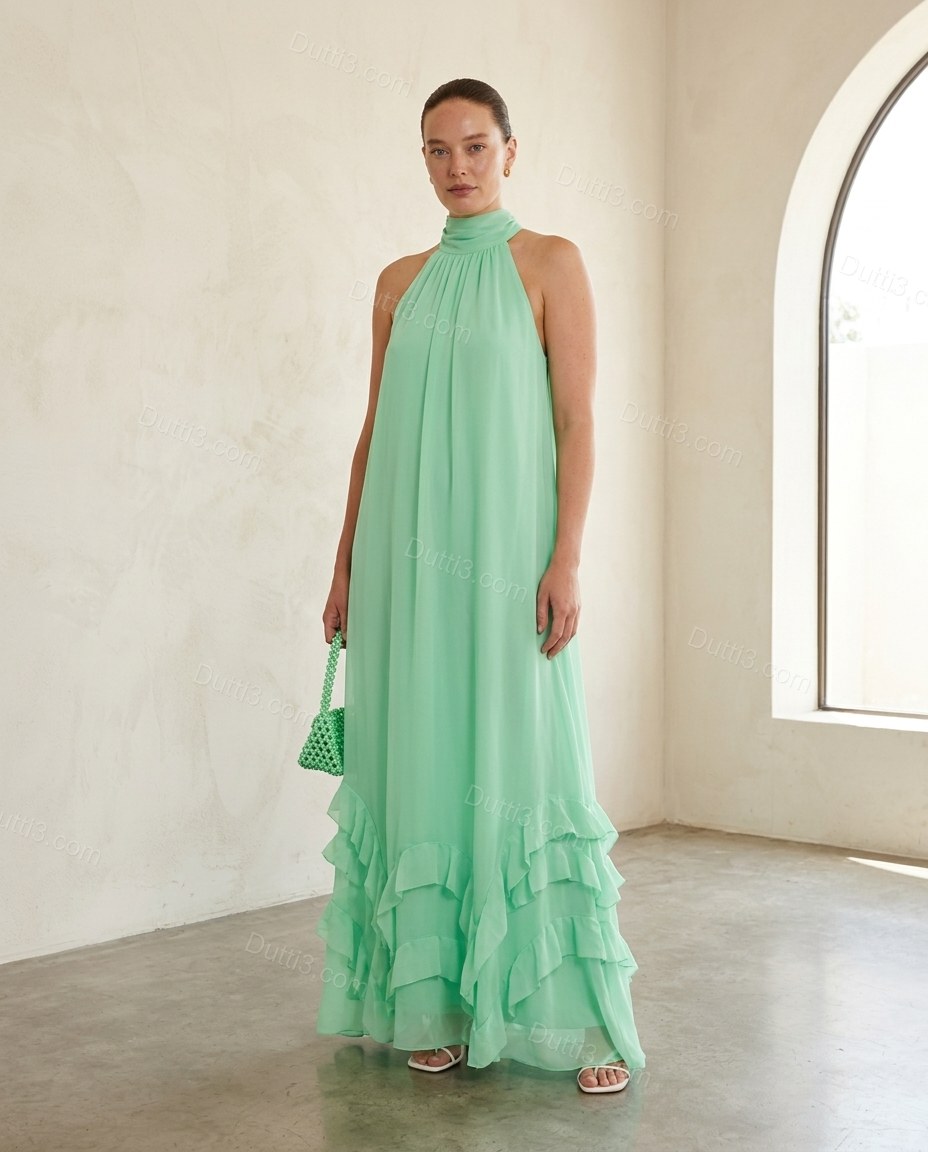 Mint Green Maxi Halter Ruffled Dress, full-length hero view, by Dutti3