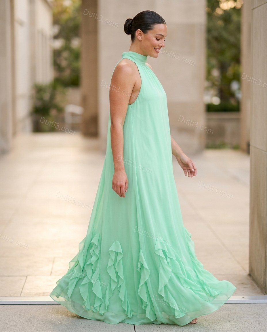 Mint Green Maxi Halter Ruffled Dress, walking lifestyle view, by Dutti3