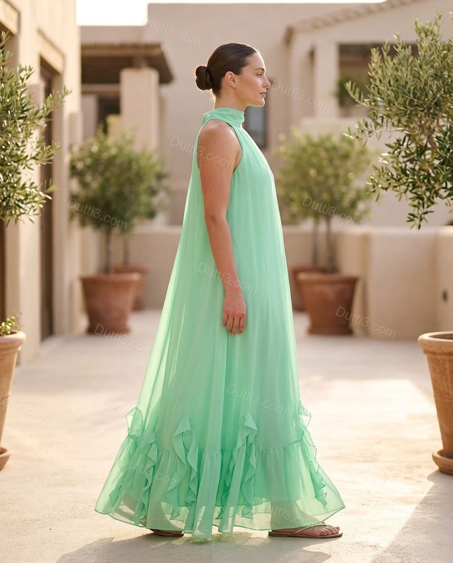 Mint Green Maxi Halter Ruffled Dress, three-quarter brand lifestyle view, by Dutti3