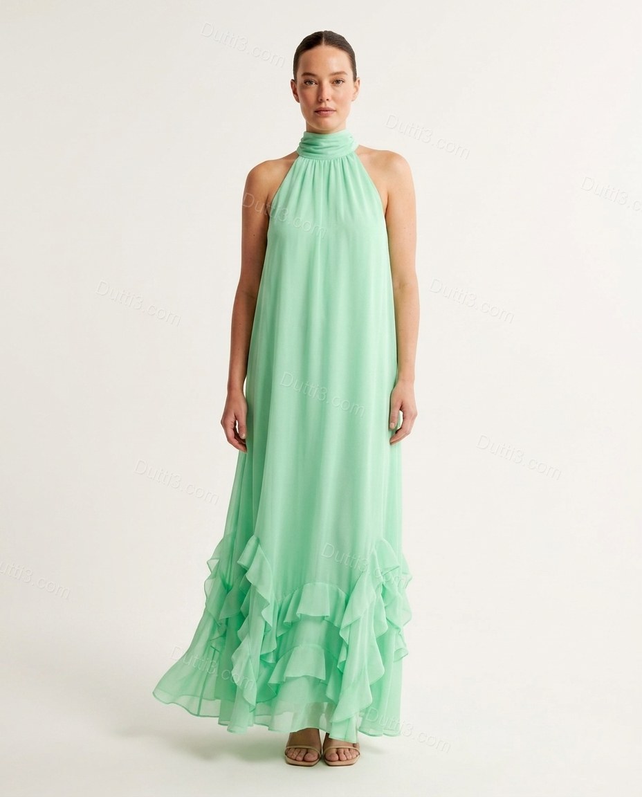 Mint Green Maxi Halter Ruffled Dress, front studio view, by Dutti3