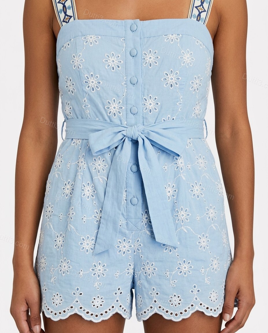Light Blue Floral Midi Eyelet Jumpsuit, close-up of floral embroidery, eyelet cutwork and scalloped hem, by Dutti3