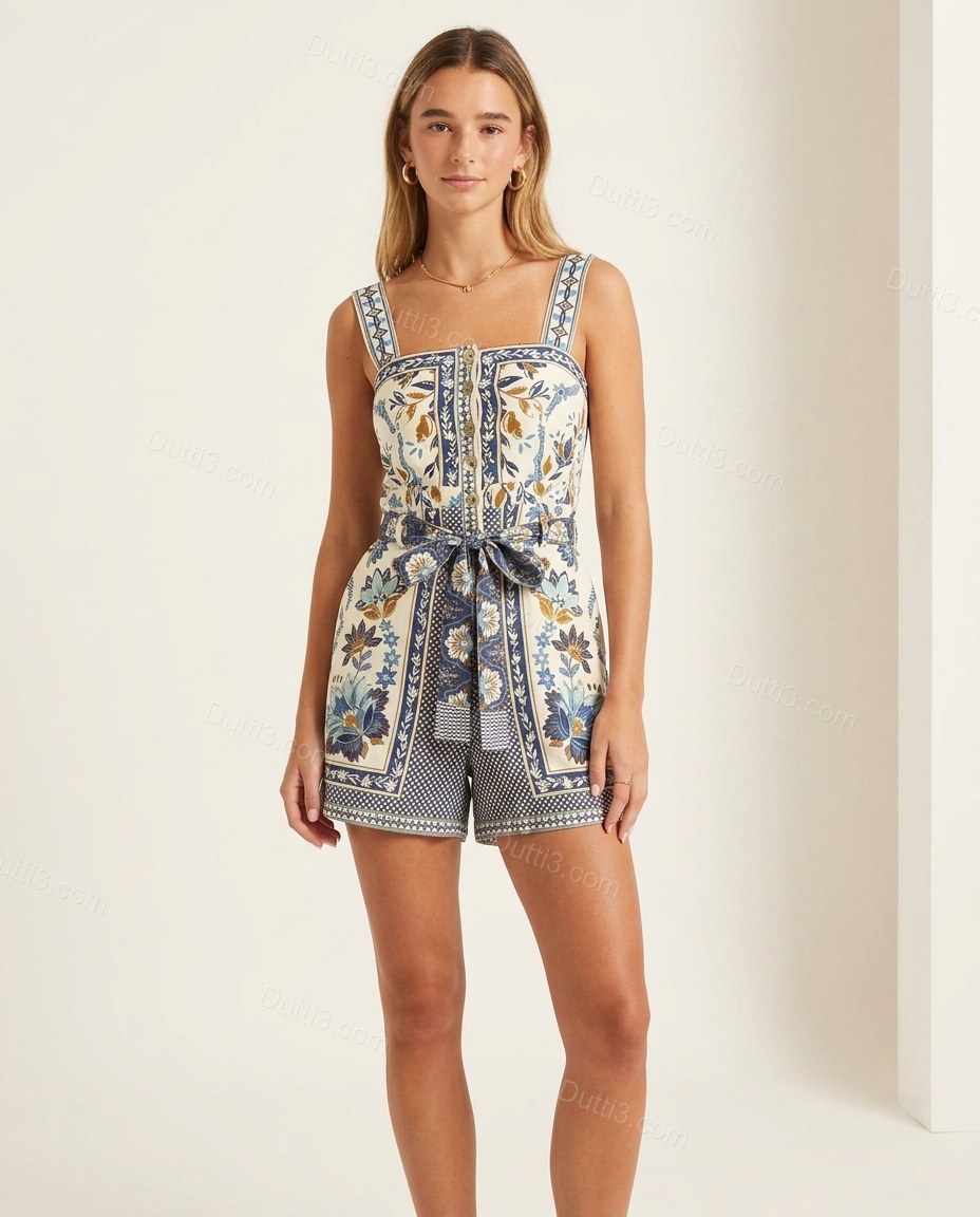 Light Blue Floral Midi Eyelet Jumpsuit, front studio view, by Dutti3