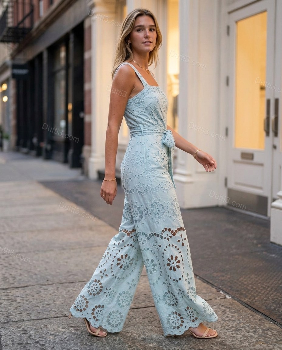 Light Blue Floral Midi Eyelet Jumpsuit, walking lifestyle view, by Dutti3