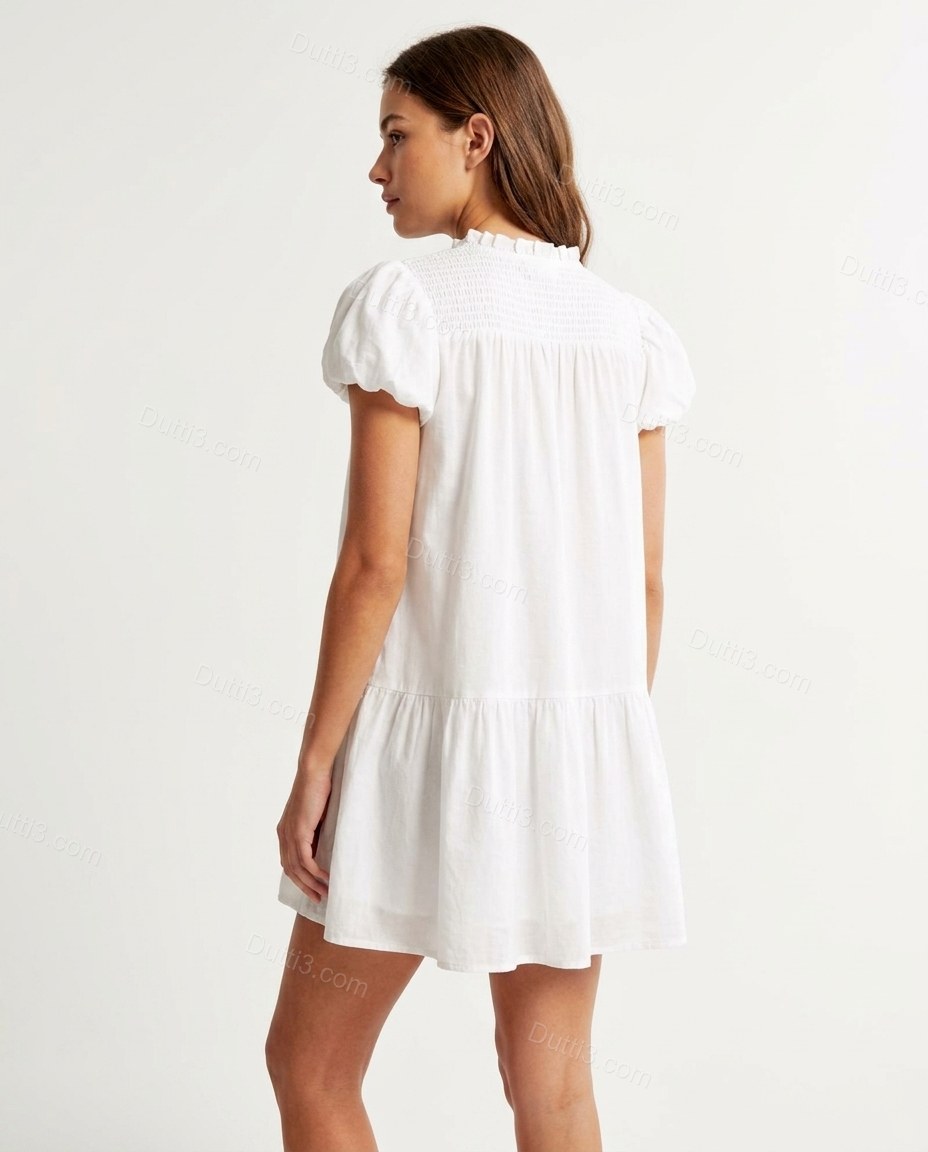 White Mini Ruffled Tiered Dress, back studio view showing no visible back details, by Dutti3