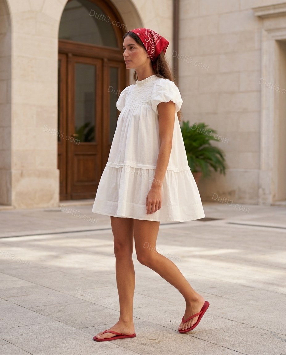 White Mini Ruffled Tiered Dress, three-quarter brand lifestyle view, by Dutti3