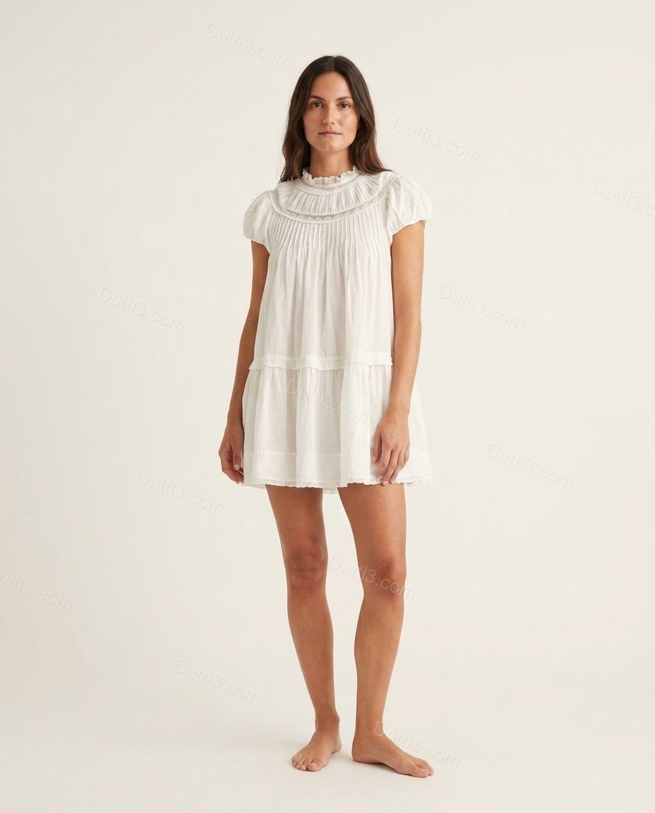 White Mini Ruffled Tiered Dress, front studio view, by Dutti3