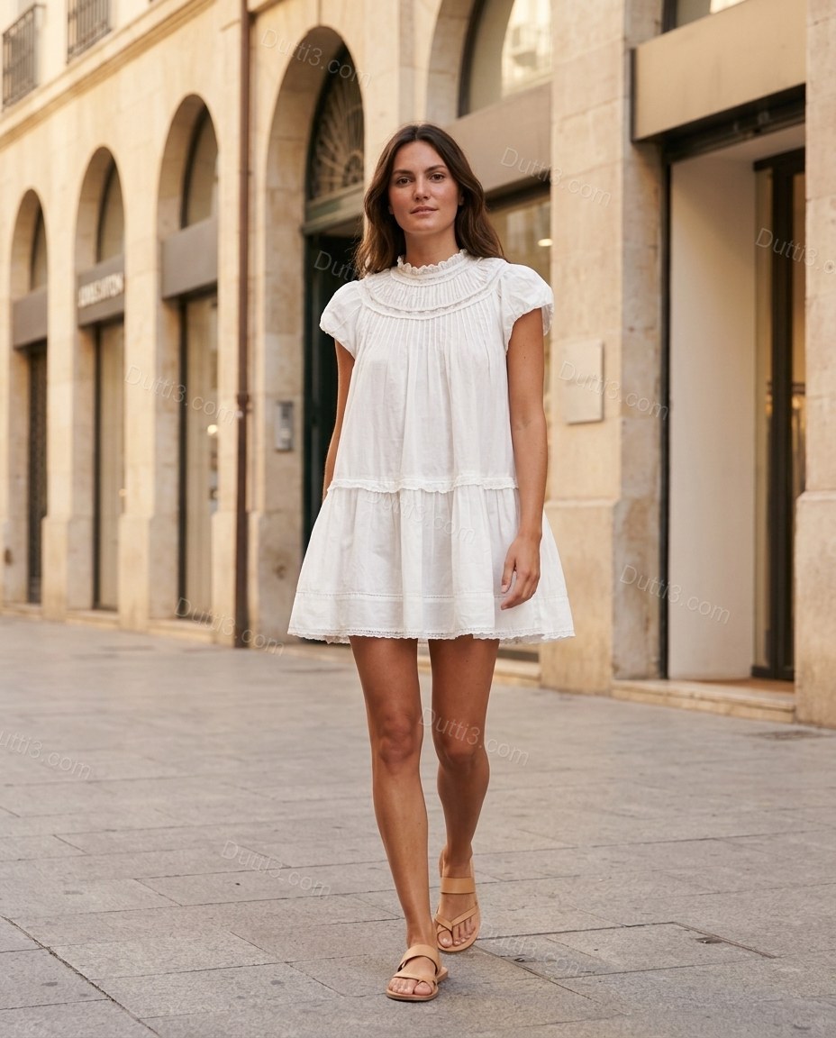 White Mini Ruffled Tiered Dress, full-length hero view, by Dutti3