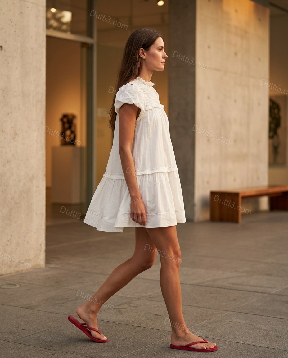 White Mini Ruffled Tiered Dress, movement and fit lifestyle view, by Dutti3